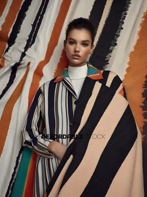 A woman in a striped jacket and a blanket wrapped around her