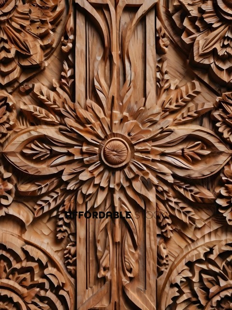 A carved wooden panel with a flower design