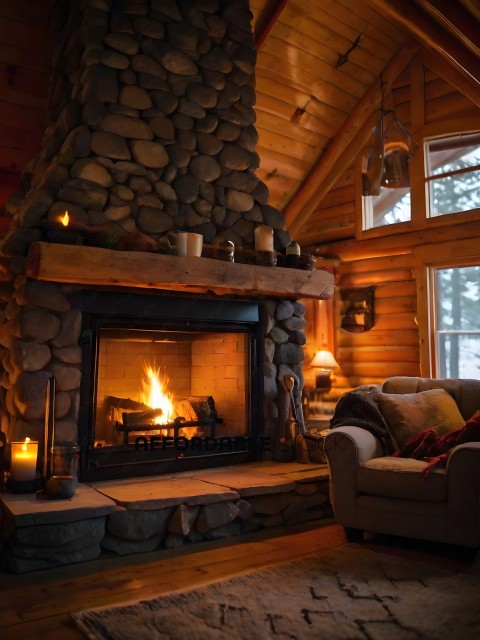 A cozy cabin with a fireplace and a couch