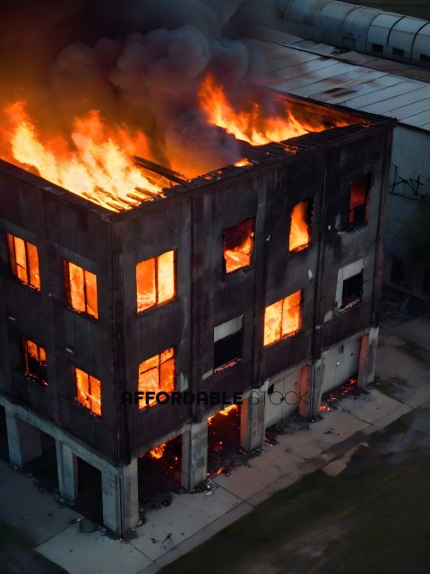 A fire in a building with many windows
