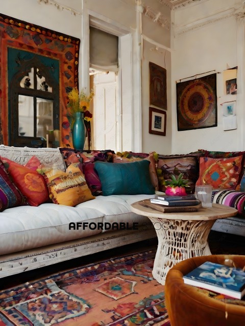A colorful couch with pillows and a table with a vase and books