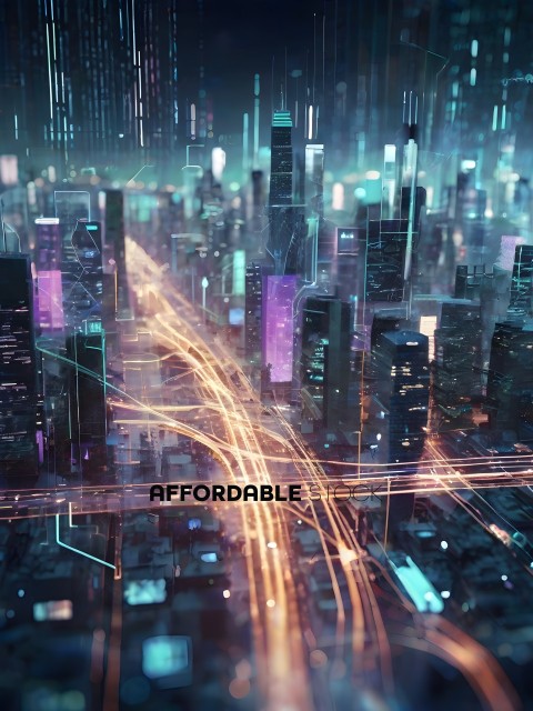A futuristic cityscape with a network of roads and buildings