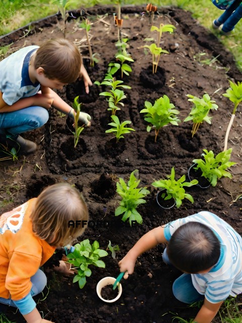 Two children planting seeds in the garden