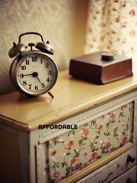 A small clock with a floral design sits on a dresser