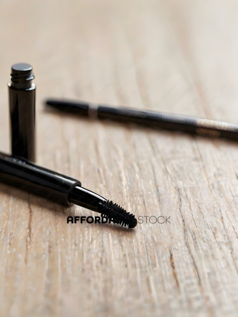 Two black eyelash brushes on a wooden table