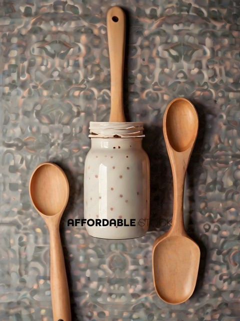 A collection of wooden utensils and a jar