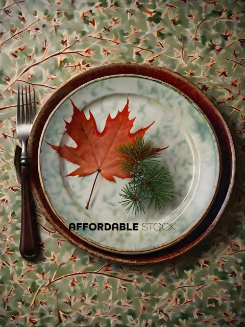 A plate with a leaf and a pine tree on it