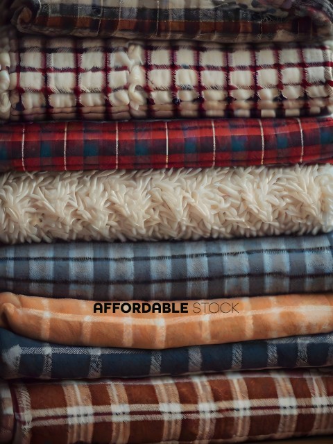 A stack of plaid blankets with different colors