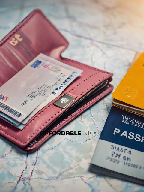 A pink leather wallet with a passport and other cards
