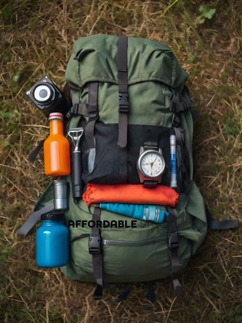 A green backpack with a water bottle, camera, and other items