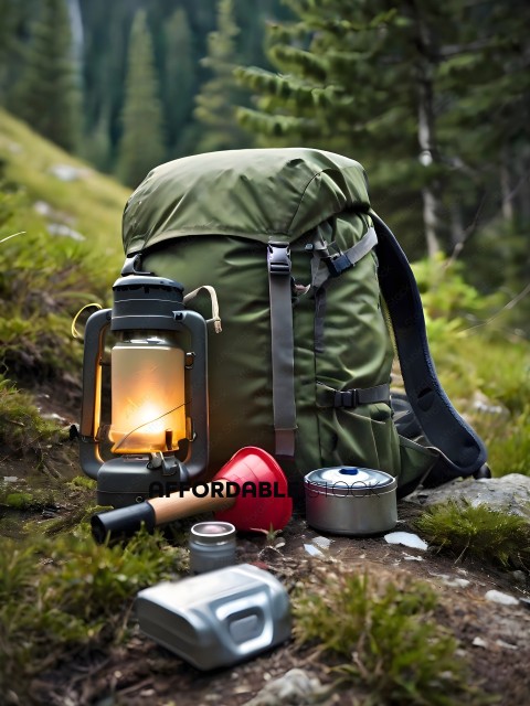 A Backpack with a Lamp and a Water Bottle
