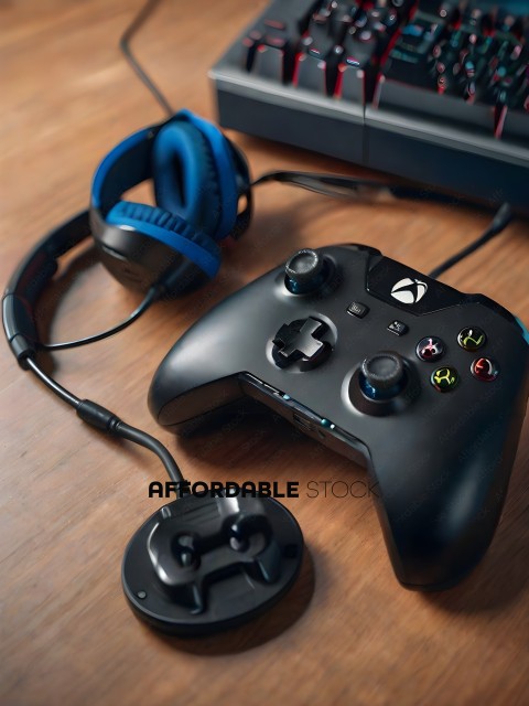 A black Xbox 360 controller with a black headset