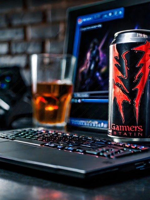 A can of Gamers Statin sits next to a keyboard