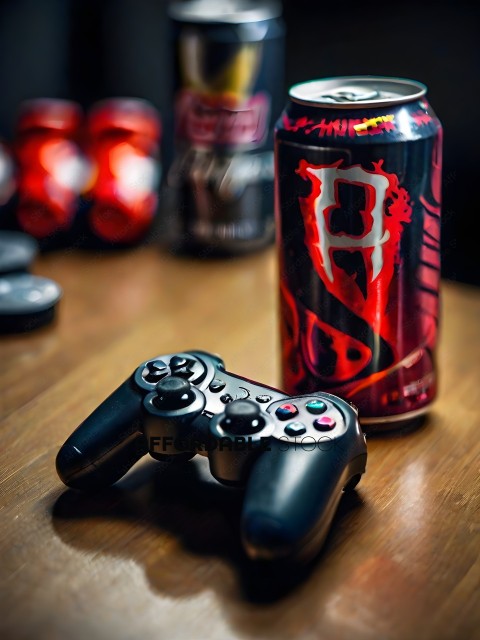 A black video game controller and a can of energy drink
