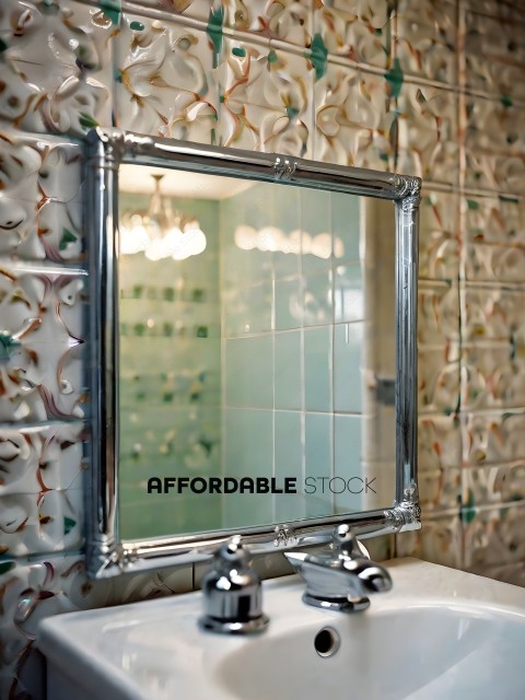 A bathroom mirror with a silver frame and a reflection of a sink