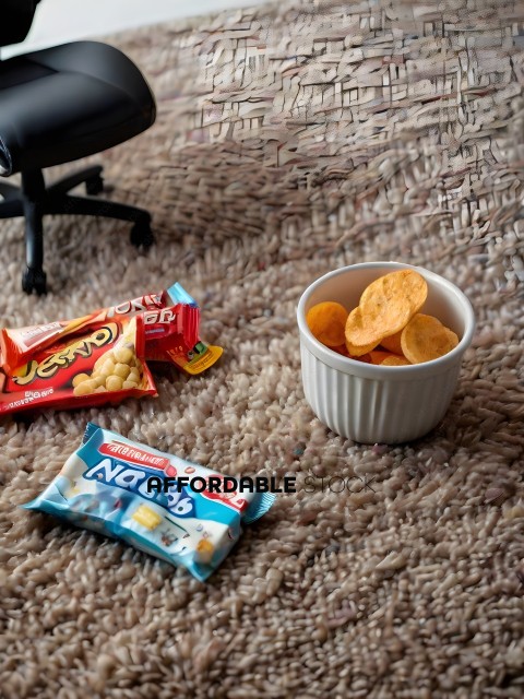 A bowl of cheetos and a bag of nerds on a carpet