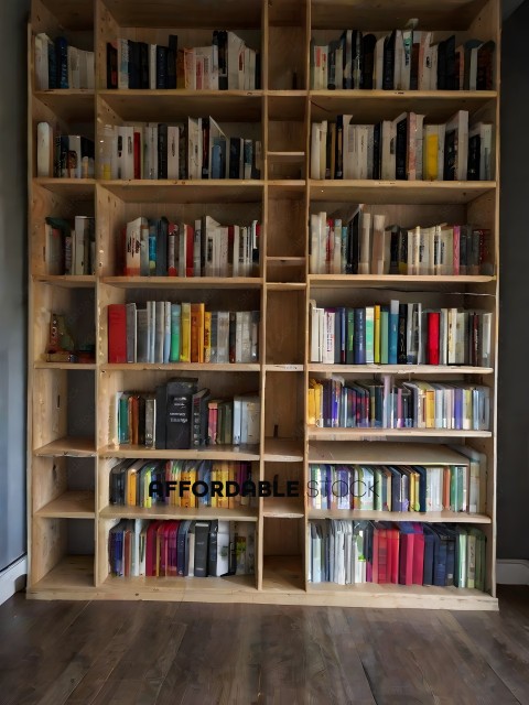 A wooden bookshelf with a variety of books