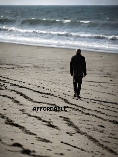 Man walking on beach with waves in background