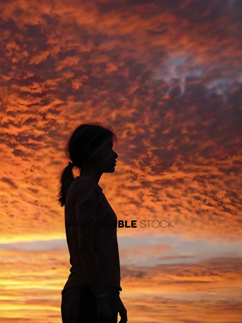 A woman in a pink shirt stands in front of a beautiful orange sky
