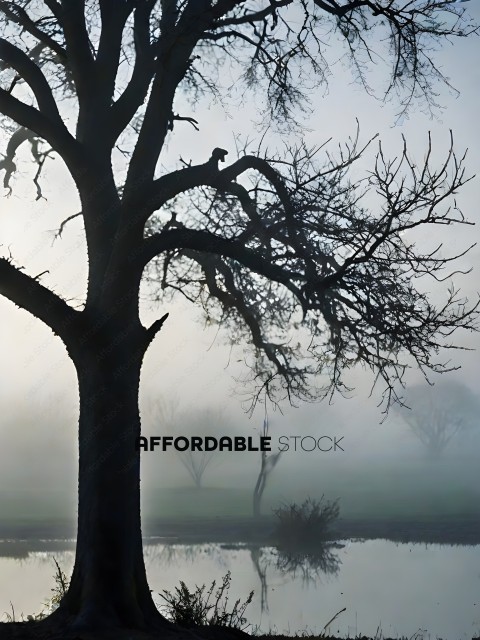 A tree in a foggy field with a bird on top