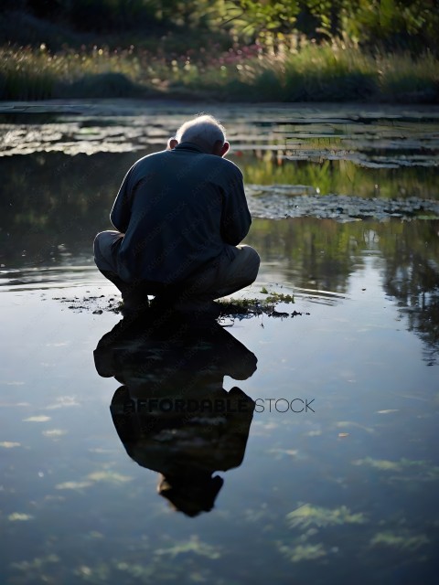 An elderly man sits in the water, looking at the ground