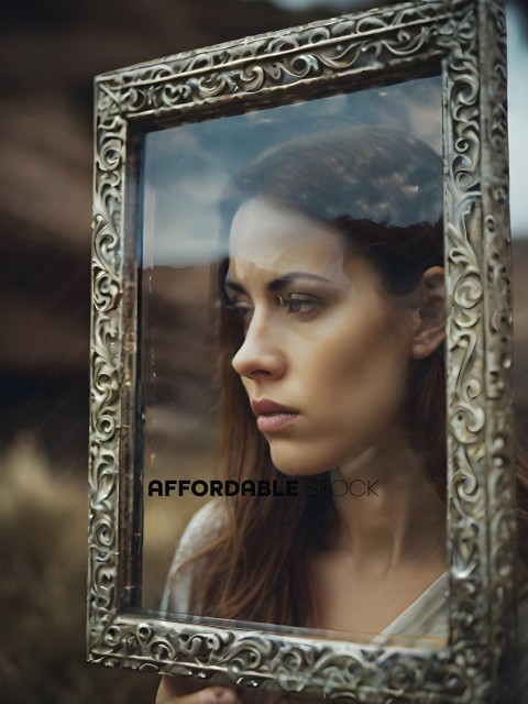 A woman looking into a mirror with a sad expression