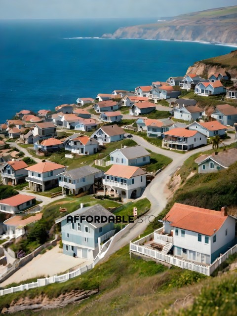 Houses on a hillside with a blue ocean in the background