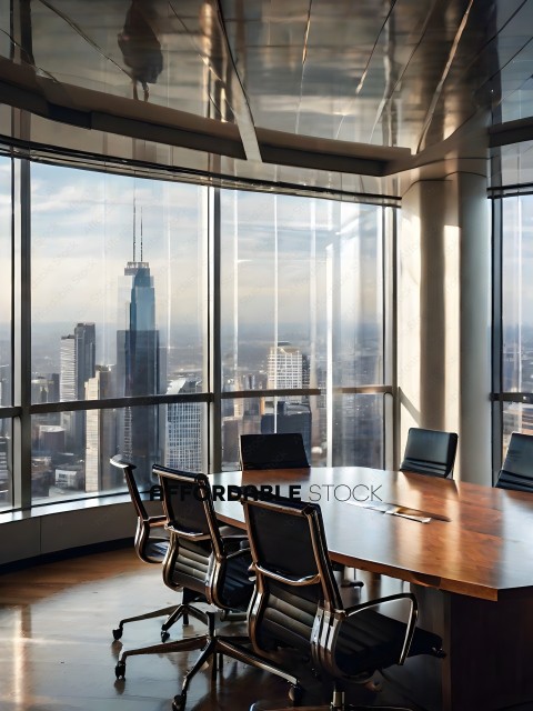 A conference room with a city view