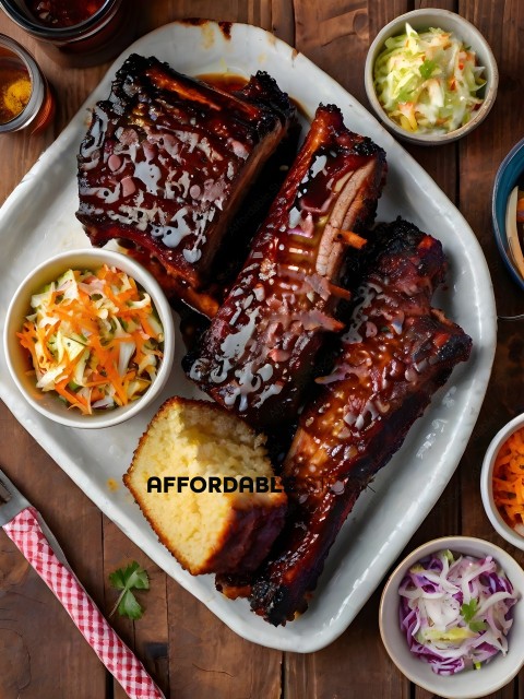 A platter of barbecue ribs and vegetables