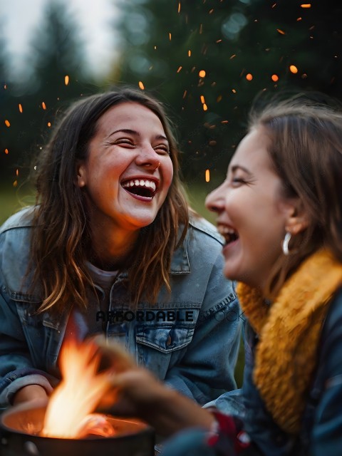 Two women laughing and smiling while sitting in front of a fire