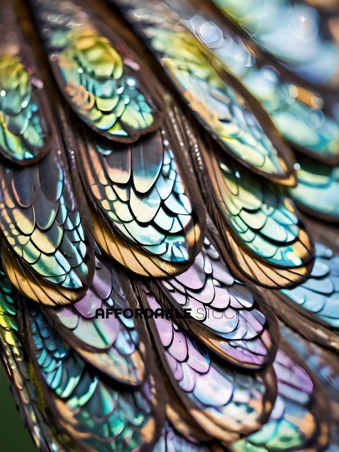 A close up of a colorful, iridescent feather