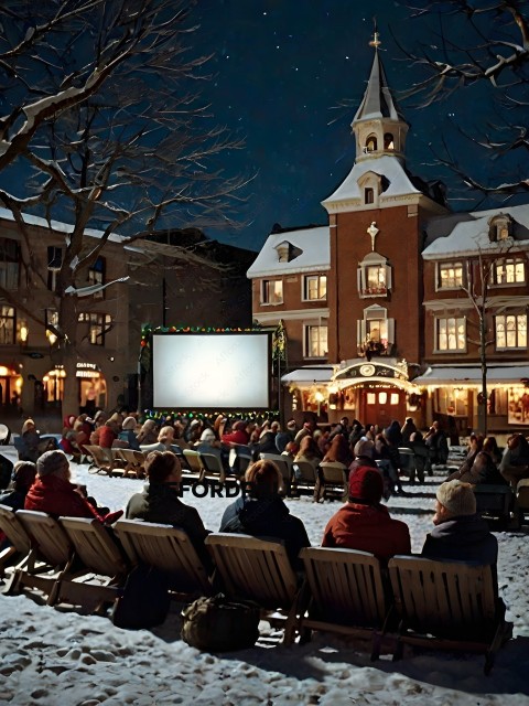 People Watching Movie in Snowy Town