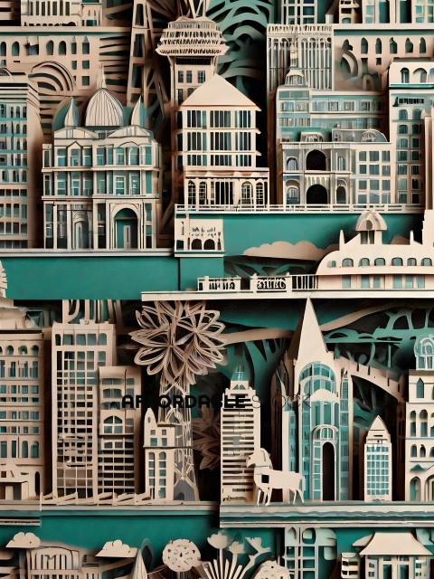 A cityscape made of paper cutouts