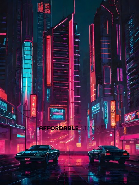 Two Cars Drive Down a Pink and Purple City Street at Night