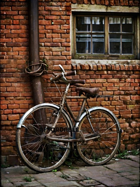 An old bicycle leaning against a brick wall