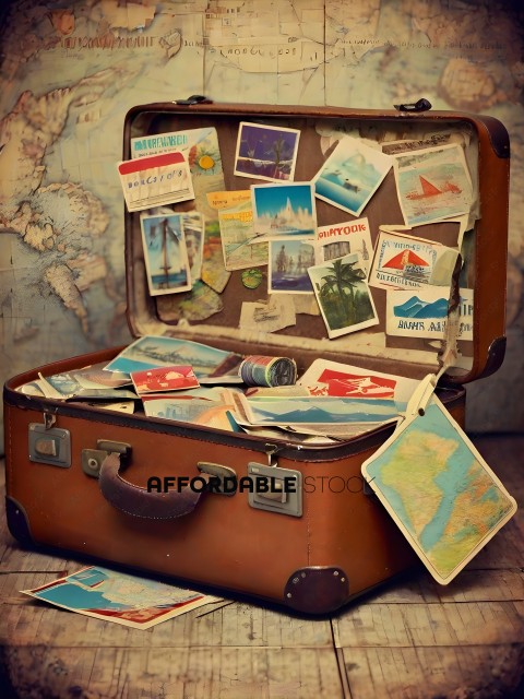 A suitcase filled with various travel postcards
