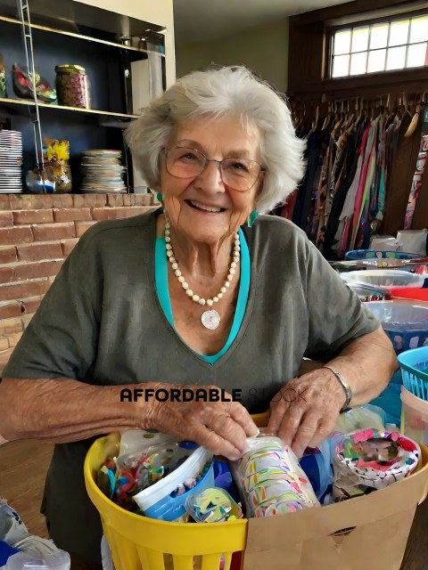 Older Woman with Pearls and Glasses Holding Baskets of Crafts