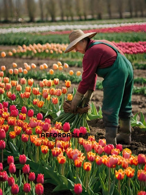 A farmer picking tulips in a field
