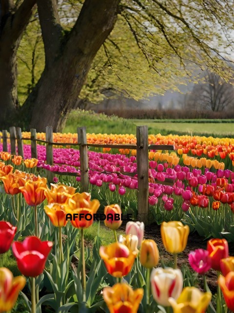 A field of colorful tulips with a wooden fence