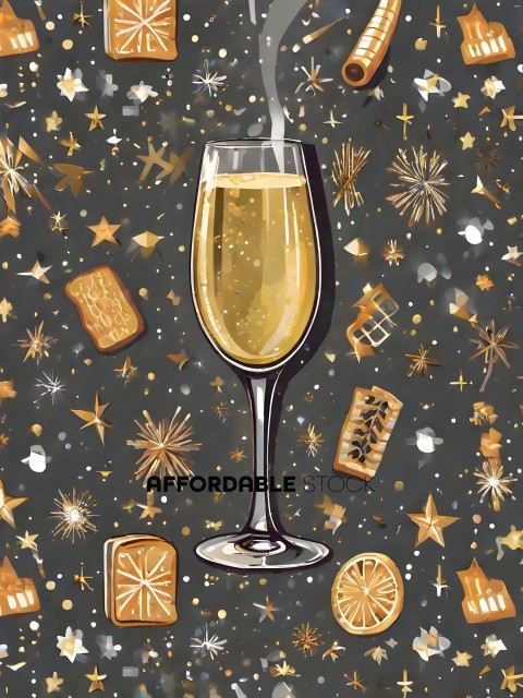 A glass of wine with gold stars and other objects