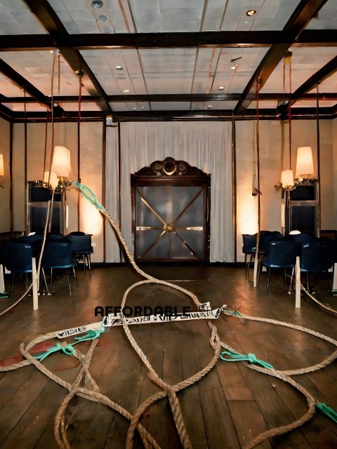 Rope hanging from ceiling in a room with chairs and tables