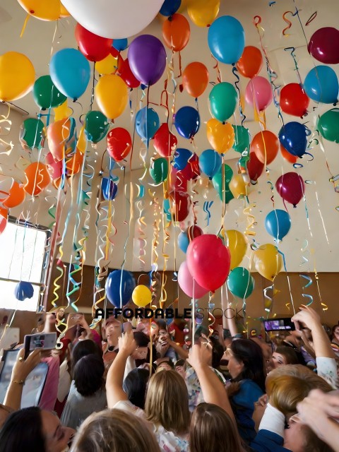 A group of people are holding up balloons
