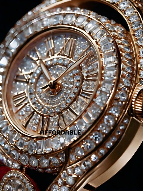 A gold and diamond watch with a white face