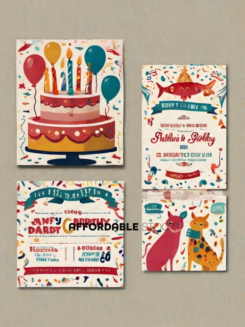 Birthday Invitation Cards with Cake, Balloons, and Animals