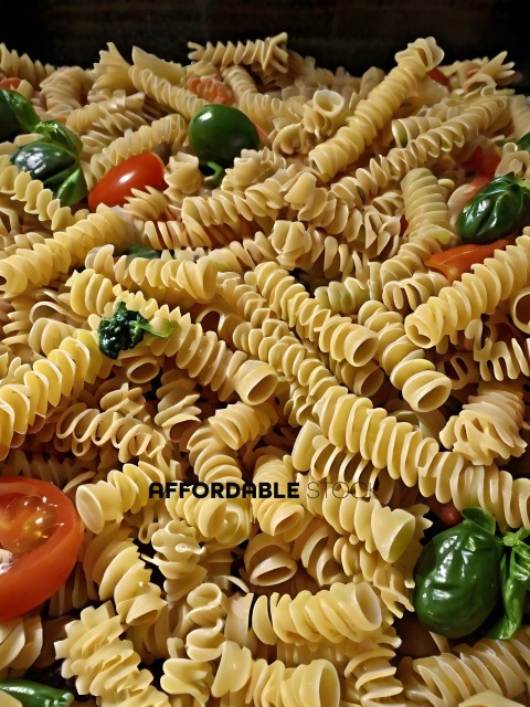 A plate of pasta with tomatoes, peppers, and green peppers