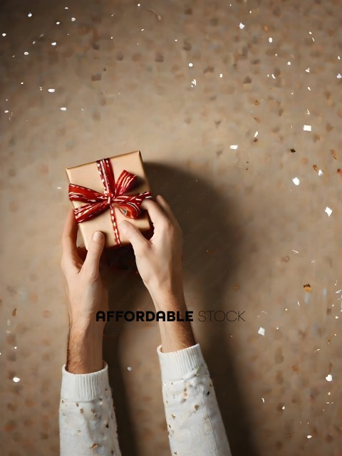 A person holding a wrapped gift with a red bow