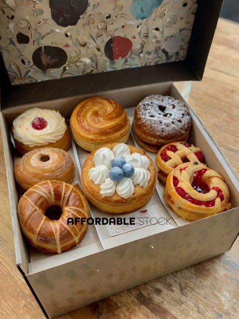 A box of assorted pastries, including a donut with a blueberry and whipped cream topping
