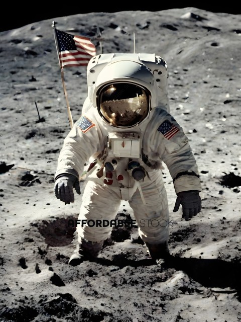 Astronaut in a white suit standing on the moon