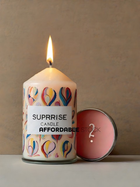 A candle with a pink lid and a label that says "Surprise Candle" with a lit candle