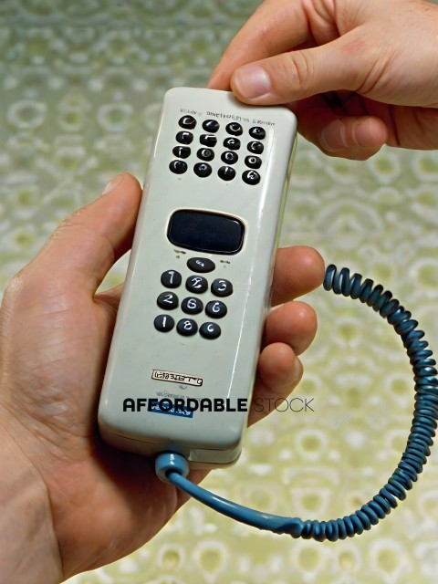 A person holding a remote control with a blue cord